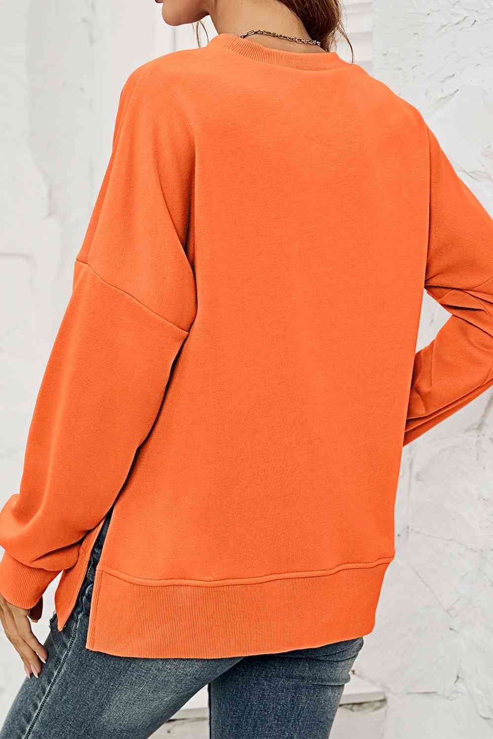 Round Neck Dropped Shoulder Slit Sweatshirt BLUE ZONE PLANET