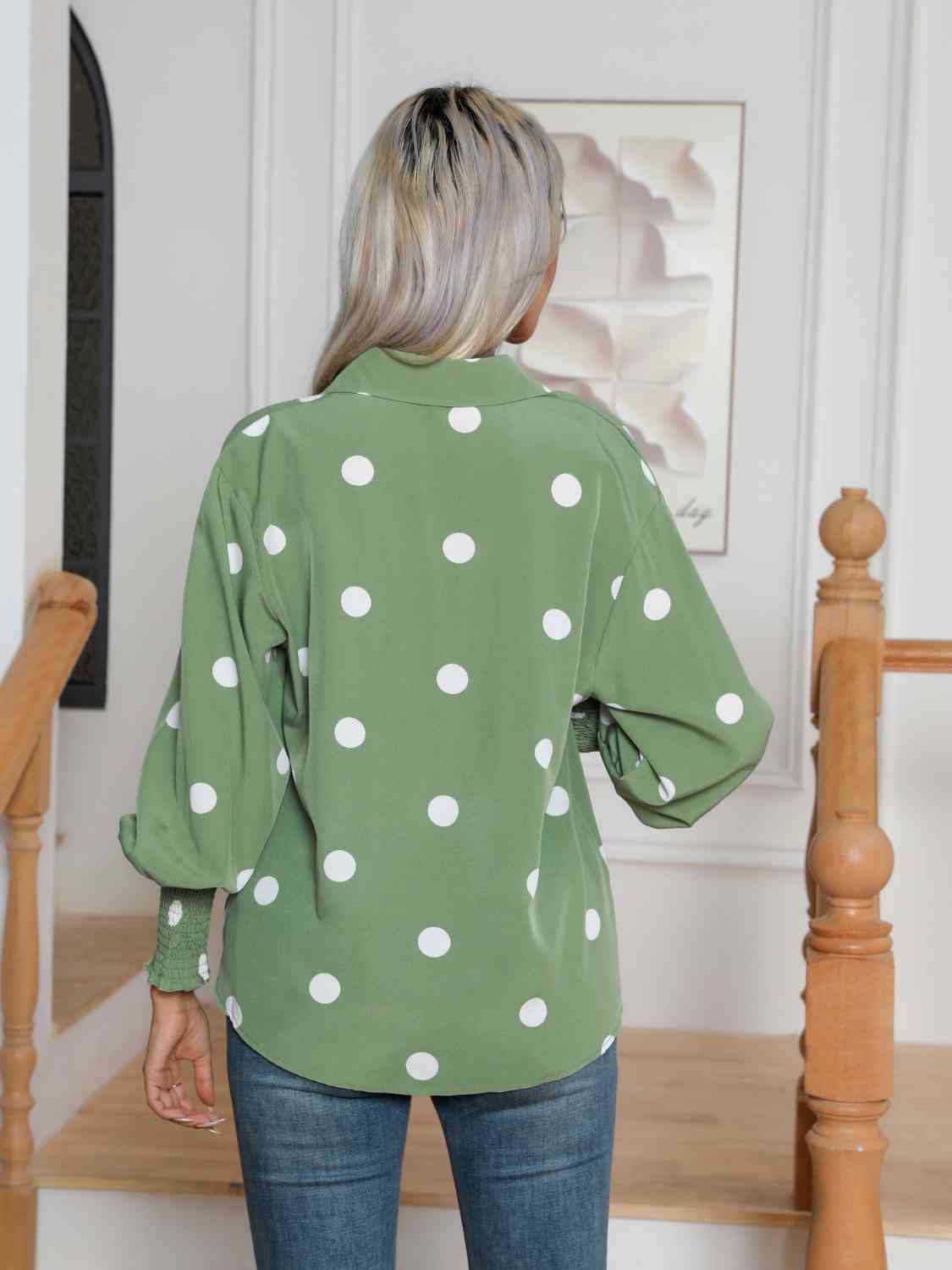 Polka Dot Collared Neck Buttoned Lantern Sleeve Shirt BLUE ZONE PLANET