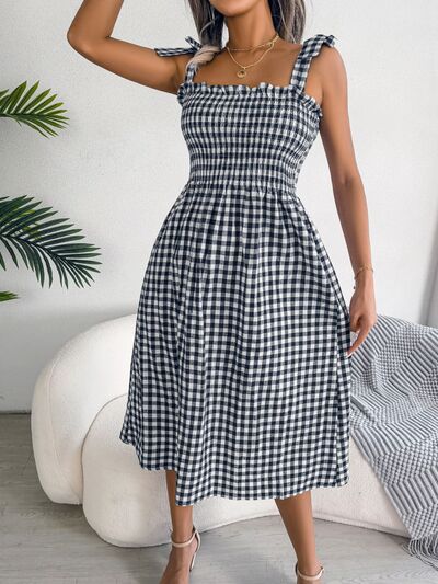 Frill Plaid Square Neck Midi Dress BLUE ZONE PLANET
