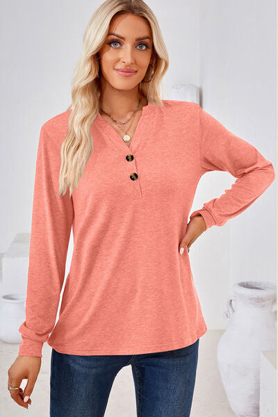 Notched Button Detail Long Sleeve T-Shirt Trendsi