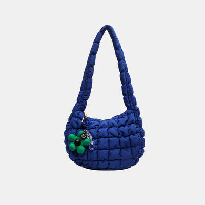 Quilted Shoulder Bag with Flower Pendant-HANDBAGS-[Adult]-[Female]-Royal Blue-One Size-2022 Online Blue Zone Planet