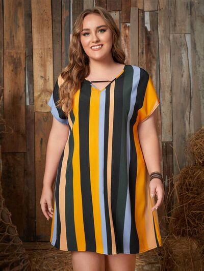 Blue Zone Planet | Plus Size Striped Short Sleeve Mini Dress BLUE ZONE PLANET