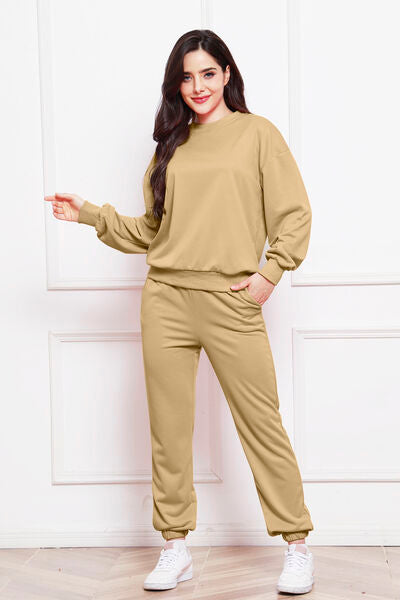 Blue Zone Planet | Round Neck Long Sleeve Sweatshirt and Pants Set BLUE ZONE PLANET