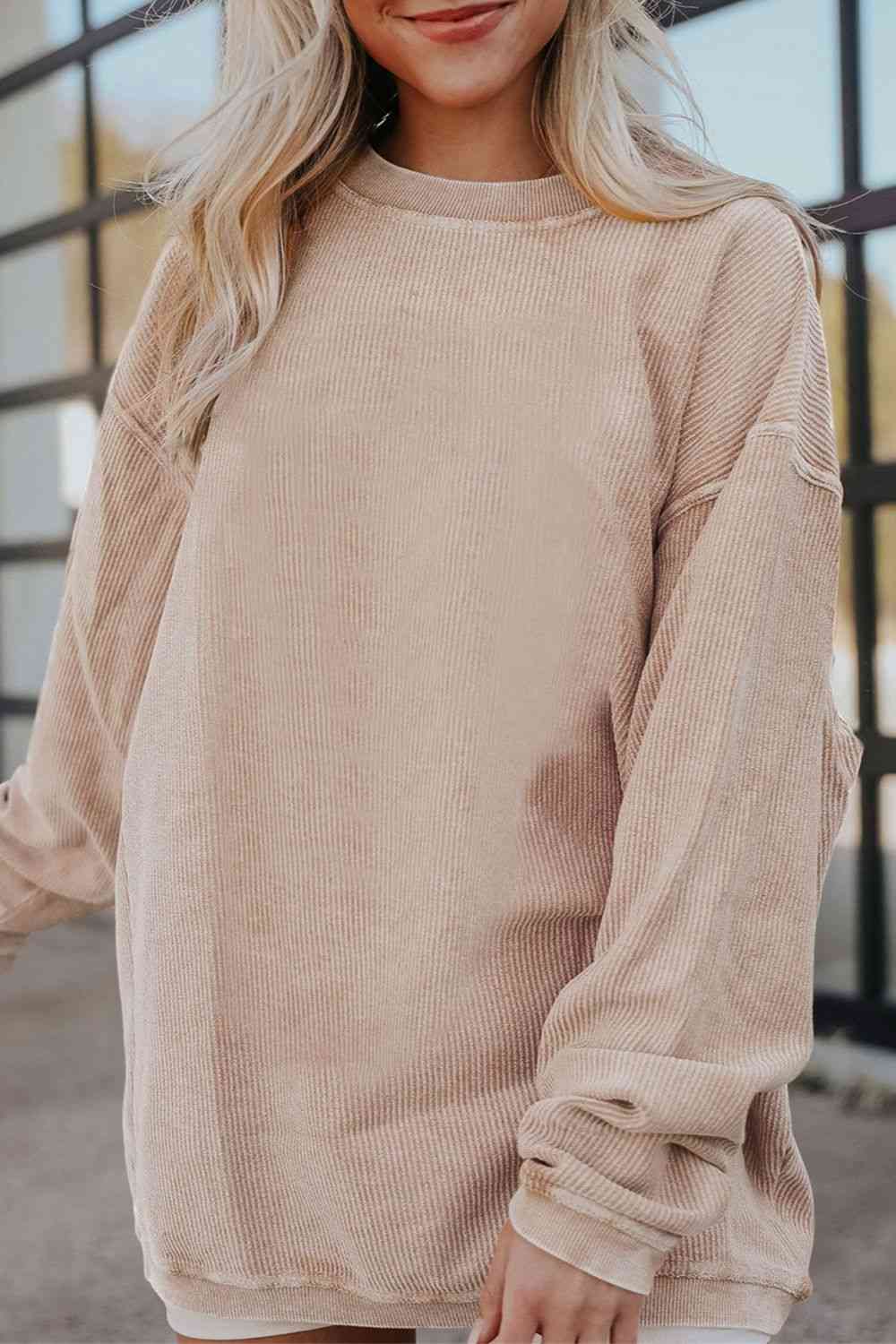 Ribbed Round Neck Drop Shoulder Sweatshirt BLUE ZONE PLANET