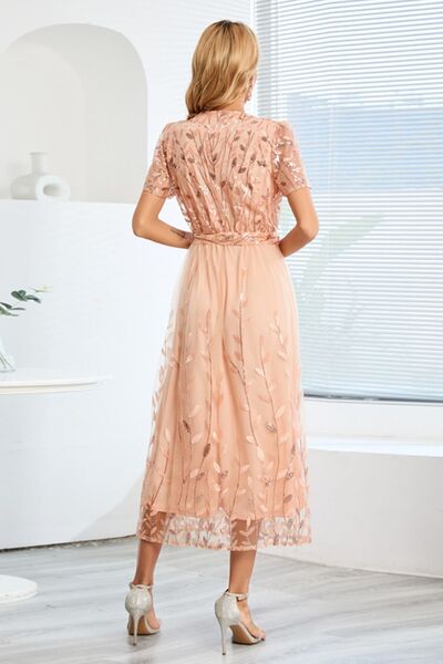 Blue Zone Planet |  Sequin Leaf Embroidery Tie Front Short Sleeve Dress BLUE ZONE PLANET