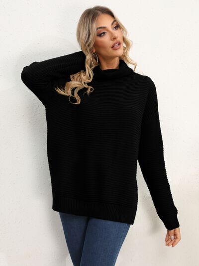 Slit Turtleneck Dropped Shoulder Sweater Trendsi