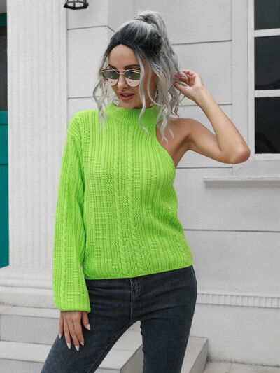 Blue Zone Planet | Cable-Knit Round Neck Asymmetrical Sweater BLUE ZONE PLANET