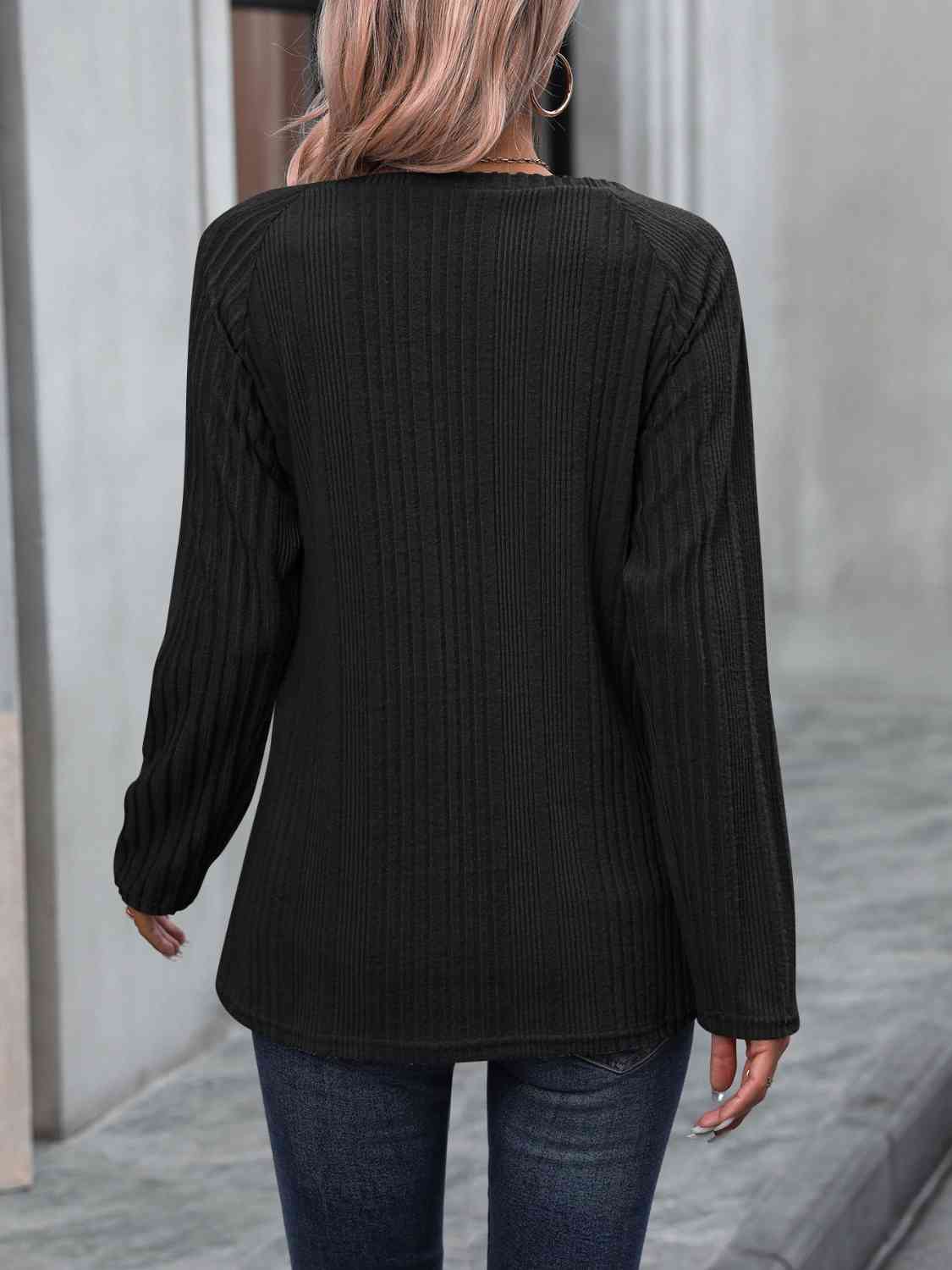 Ribbed Buttoned Round Neck Long Sleeve T-Shirt BLUE ZONE PLANET