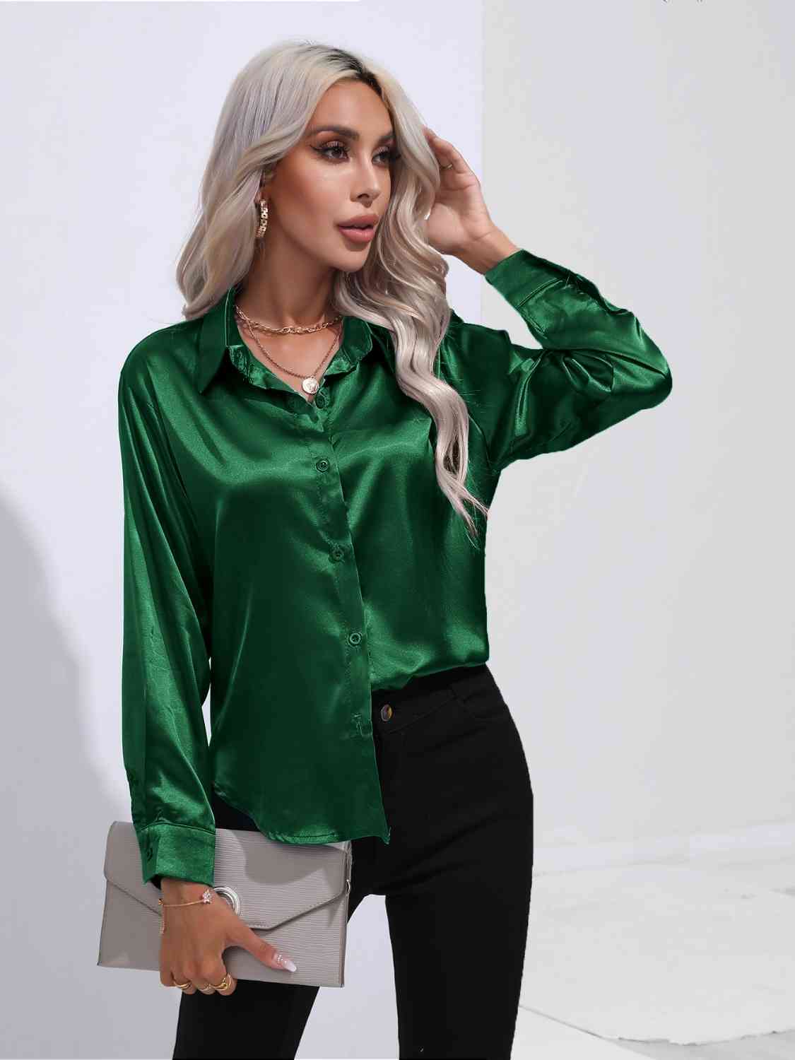 Collared Neck Buttoned Long Sleeve Shirt BLUE ZONE PLANET