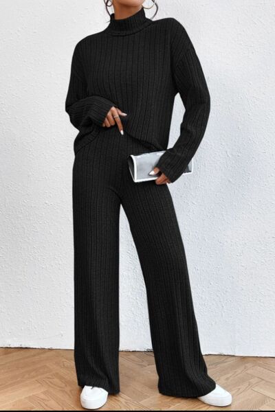 Blue Zone Planet | Mock Neck Dropped Shoulder Top and Pants Set BLUE ZONE PLANET