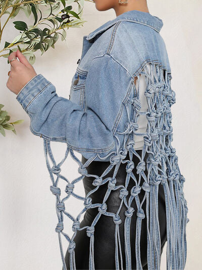 Tie Detail Button Up Denim Jacket with Pockets Trendsi