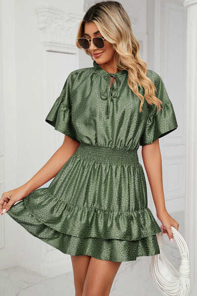 Smocked Tie Neck Flounce Sleeve Dress BLUE ZONE PLANET