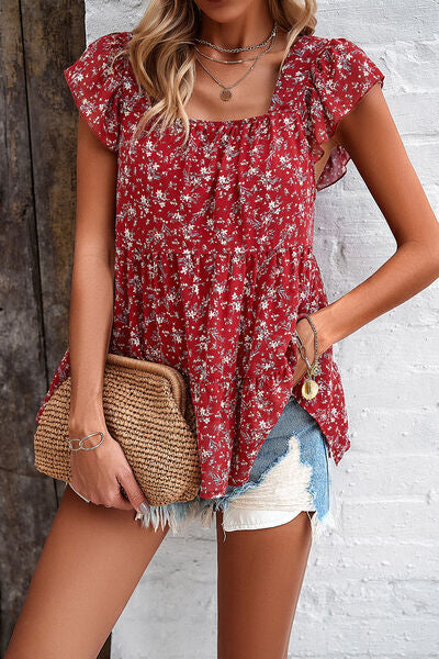 Blue Zone Planet | Printed Square Neck Cap Sleeve Blouse BLUE ZONE PLANET