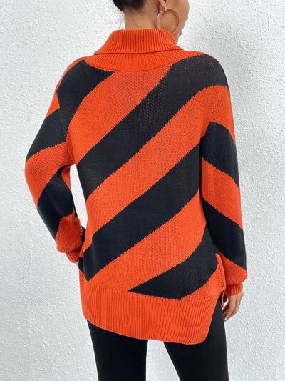 Blue Zone Planet | Striped Turtleneck Dropped Shoulder Sweater BLUE ZONE PLANET