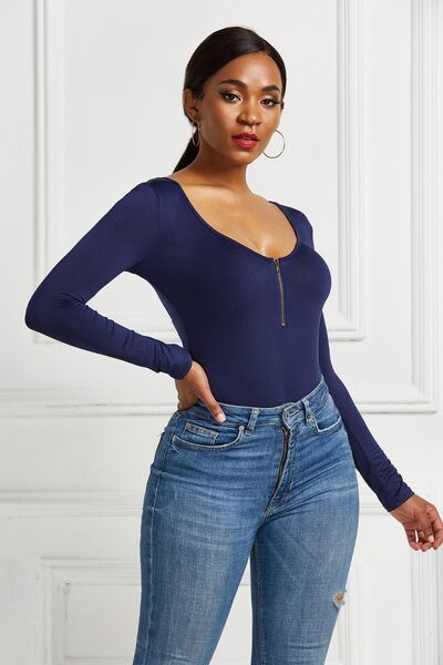 Blue Zone Planet | Half Zip Scoop Neck Long Sleeve Bodysuit BLUE ZONE PLANET