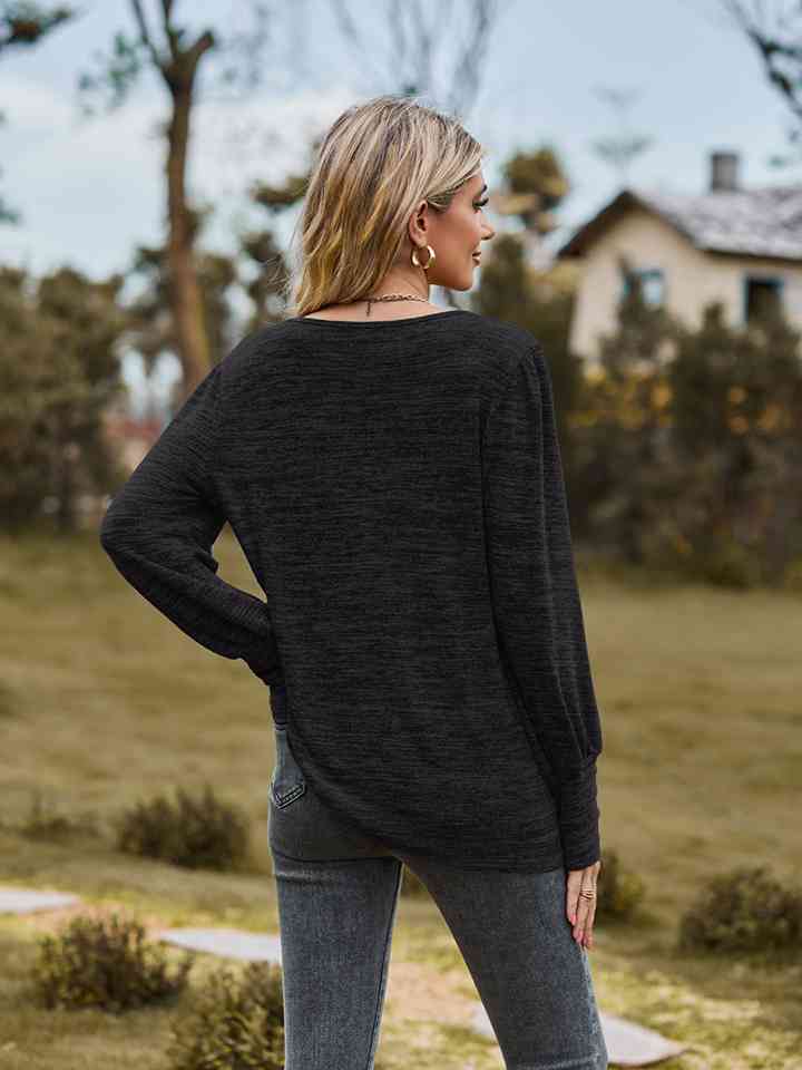 Round Neck Long Sleeve Buttoned T-Shirt BLUE ZONE PLANET