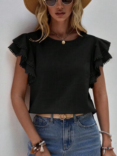 Blue Zone Planet | Ruffled Cap Sleeve Round Neck Blouse BLUE ZONE PLANET