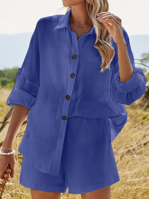 Texture Button Up Shirt and Shorts Set BLUE ZONE PLANET