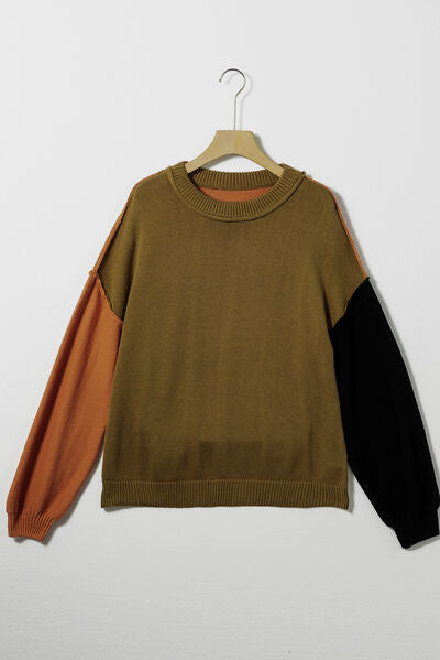 Blue Zone Planet | Contrast Round Neck Dropped Shoulder Sweater BLUE ZONE PLANET