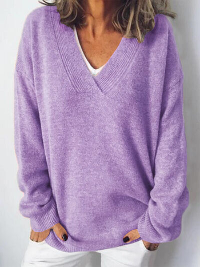 Blue Zone Planet | V-Neck Dropped Shoulder Sweater BLUE ZONE PLANET
