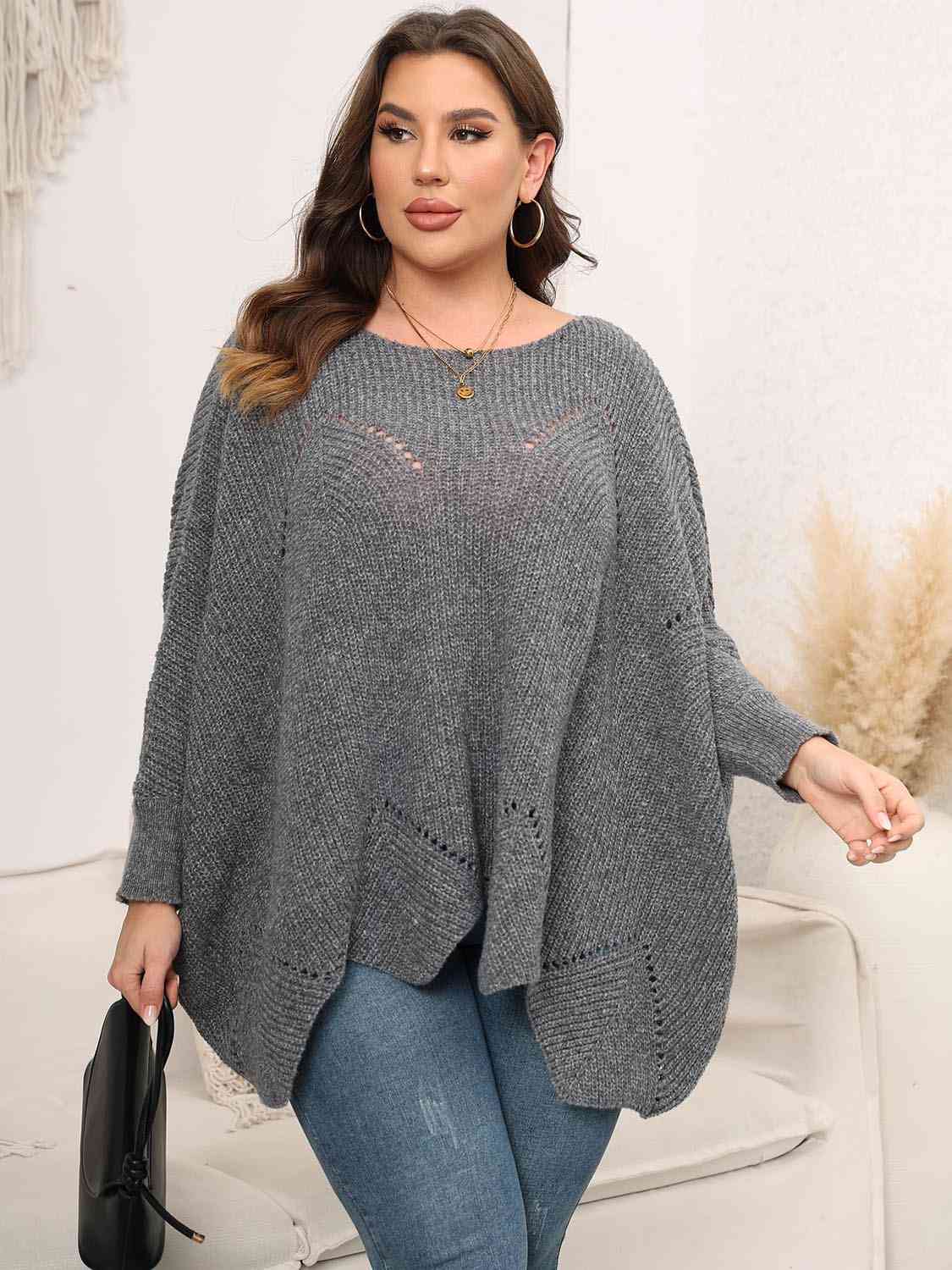 Plus Size Round Neck Batwing Sleeve Sweater BLUE ZONE PLANET