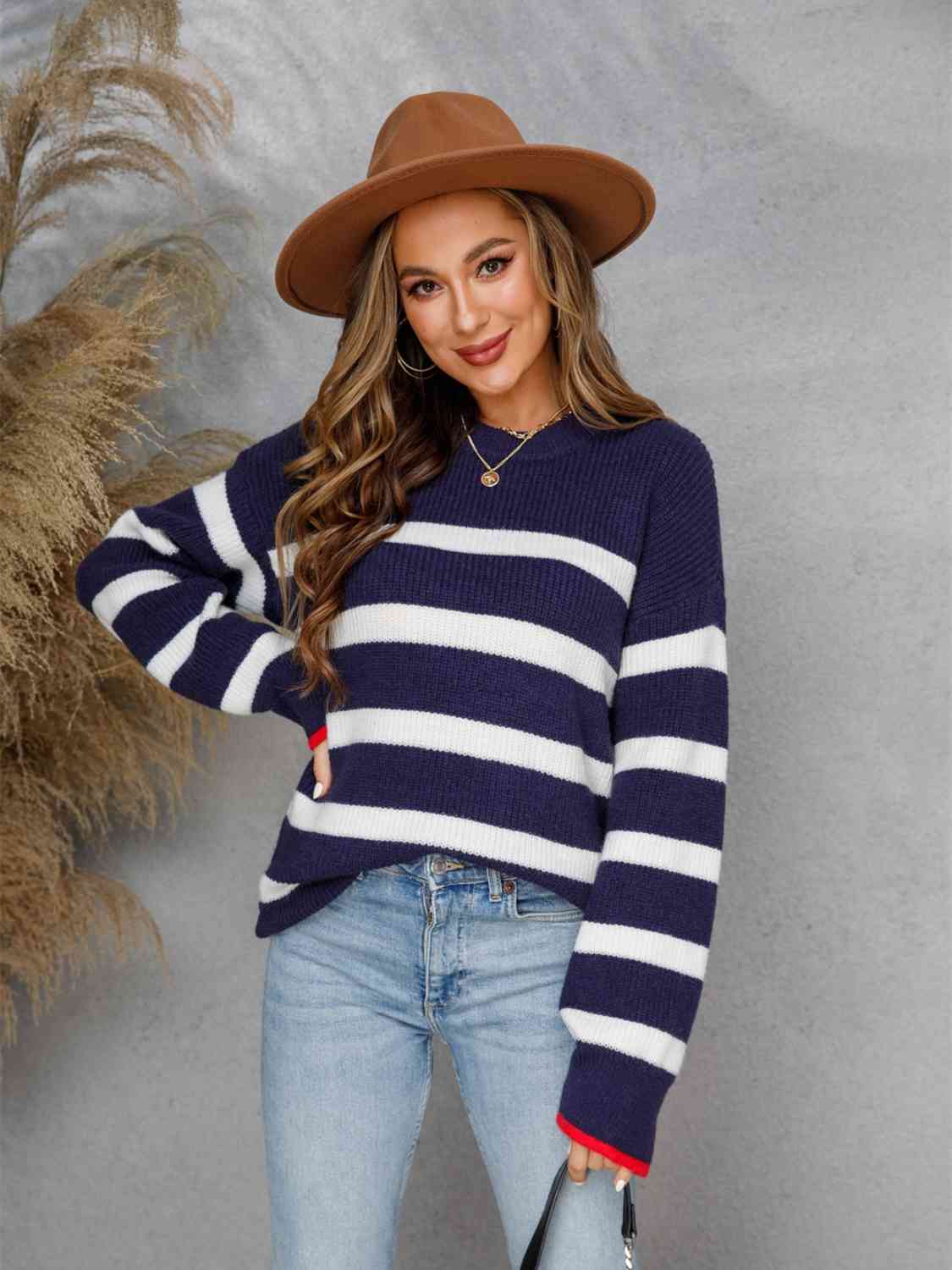 Striped Round Neck Dropped Shoulder Sweater BLUE ZONE PLANET