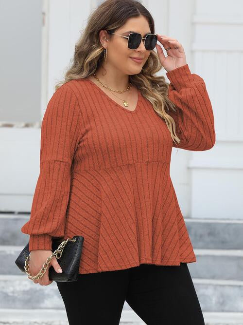 Plus Size Ribbed V-Neck Long Sleeve Blouse BLUE ZONE PLANET