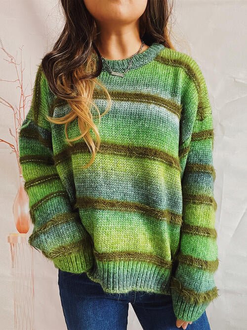 Blue Zone Planet | Striped Round Neck Long Sleeve Sweater BLUE ZONE PLANET