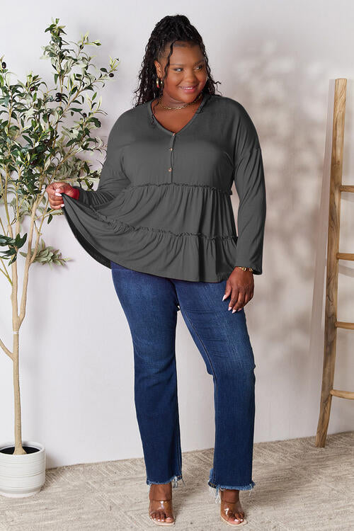 Double Take Half Button Long Sleeve Ruffle Hem Blouse BLUE ZONE PLANET
