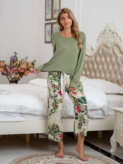 Blue Zone Planet |  Round Neck Top and Printed Pants Lounge Set BLUE ZONE PLANET