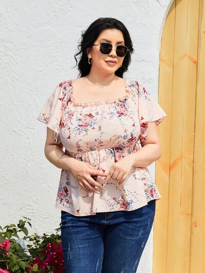 Plus Size Frill Printed Flutter Sleeve Blouse BLUE ZONE PLANET