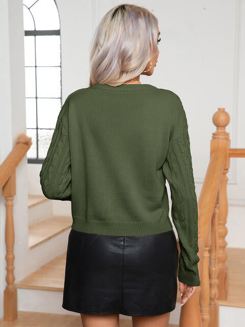 Cable-Knit Round Neck Long Sleeve Sweater BLUE ZONE PLANET