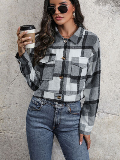 Blue Zone Planet | Plaid Button Up Drop Shoulder Cropped Jacket BLUE ZONE PLANET
