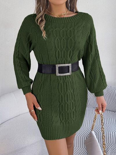Blue Zone Planet | Cable-Knit Round Neck Sweater Dress BLUE ZONE PLANET