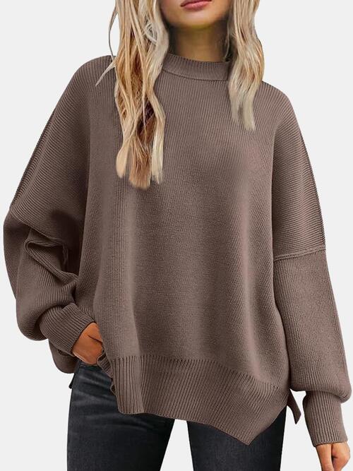 Round Neck Drop Shoulder Slit Sweater BLUE ZONE PLANET