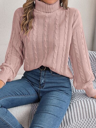 Blue Zone Planet | Cable-Knit Turtleneck Dropped Shoulder Sweater BLUE ZONE PLANET