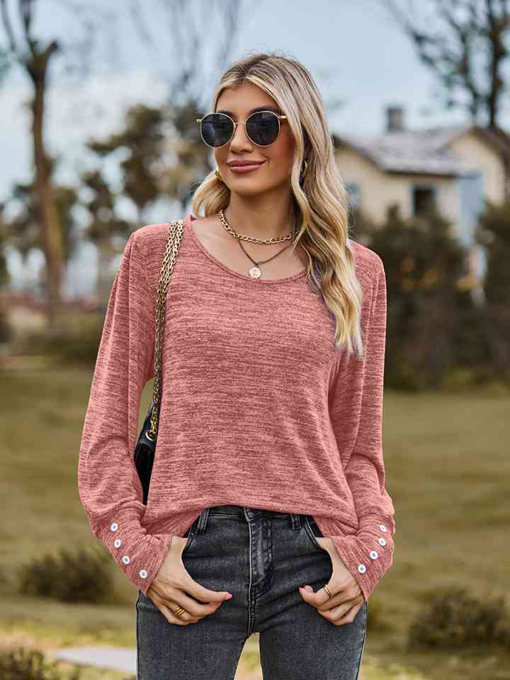 Round Neck Long Sleeve Buttoned T-Shirt BLUE ZONE PLANET