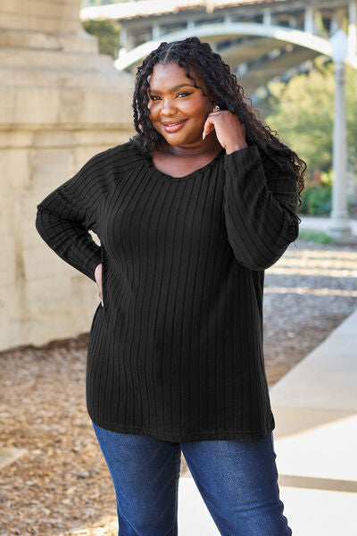 Basic Bae Full Size Ribbed Round Neck Long Sleeve Knit Top BLUE ZONE PLANET