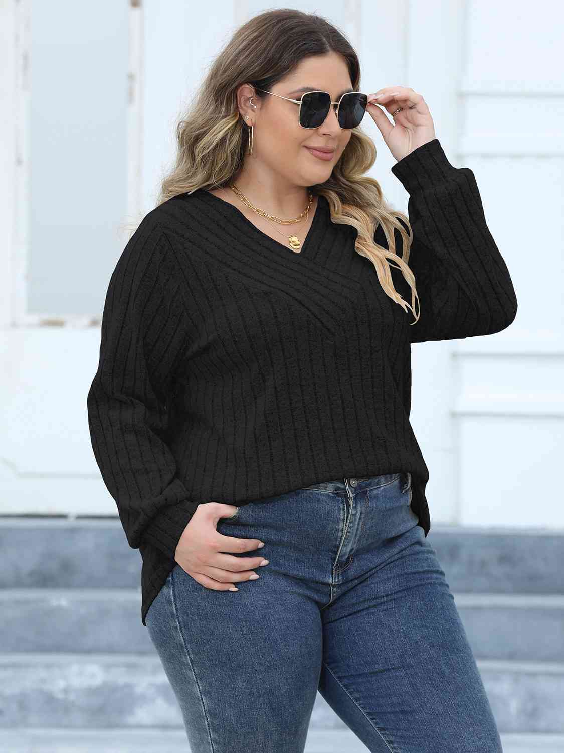 Plus Size Ribbed V-Neck Long Sleeve Top BLUE ZONE PLANET