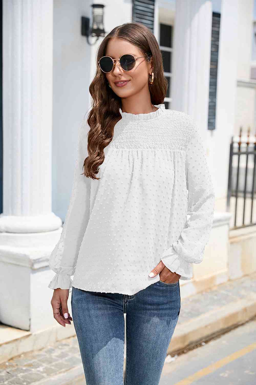 Smocked Mock Neck Swiss Dot Top BLUE ZONE PLANET
