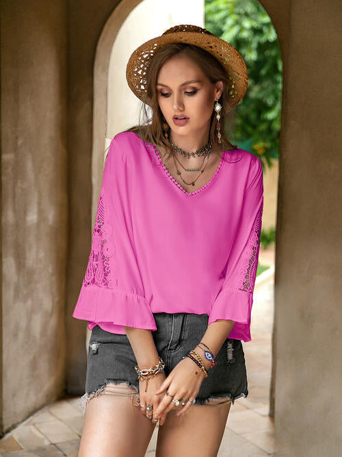 Double Take Plus Size Flower Crochet Flare Sleeve Top BLUE ZONE PLANET
