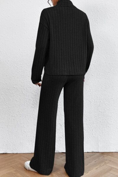 Blue Zone Planet | Mock Neck Dropped Shoulder Top and Pants Set BLUE ZONE PLANET