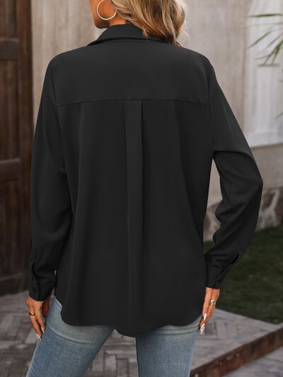 Pocketed Button Up Long Sleeve Shirt Trendsi