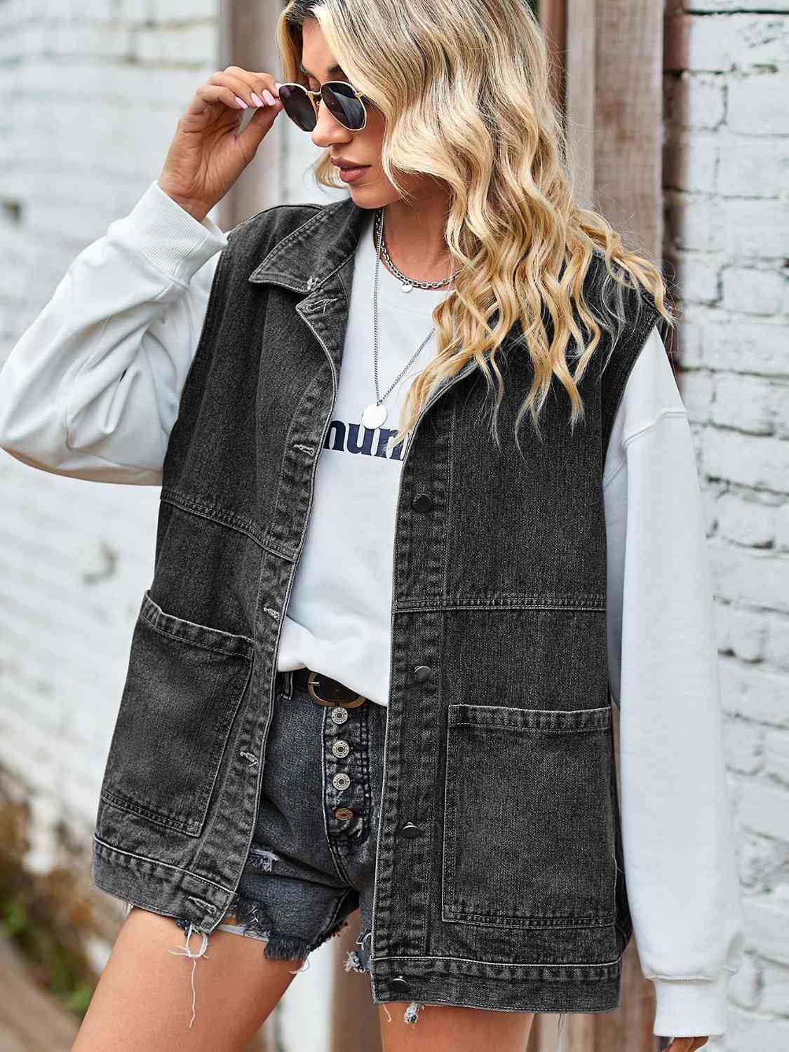 Button Front Sleeveless Denim Jacket BLUE ZONE PLANET