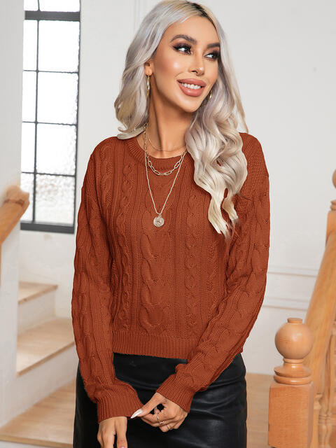 Cable-Knit Round Neck Long Sleeve Sweater BLUE ZONE PLANET
