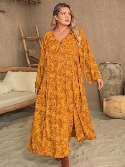 Blue Zone Planet | Plus Size Printed Slit Long Sleeve Dress BLUE ZONE PLANET