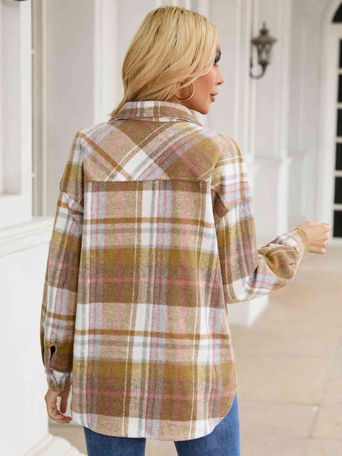 Snap Up Plaid Collared Neck Jacket with Pocket BLUE ZONE PLANET