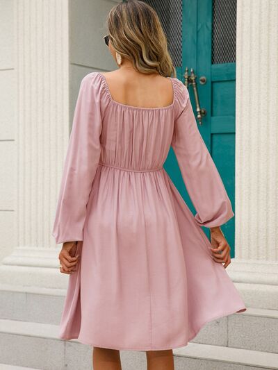 Off-Shoulder Balloon Sleeve Smocked Dress BLUE ZONE PLANET