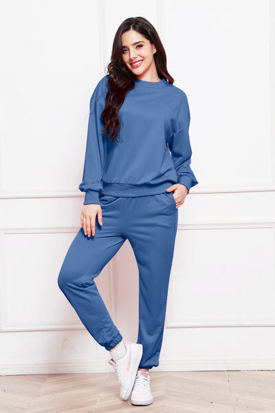 Blue Zone Planet | Round Neck Long Sleeve Sweatshirt and Pants Set BLUE ZONE PLANET