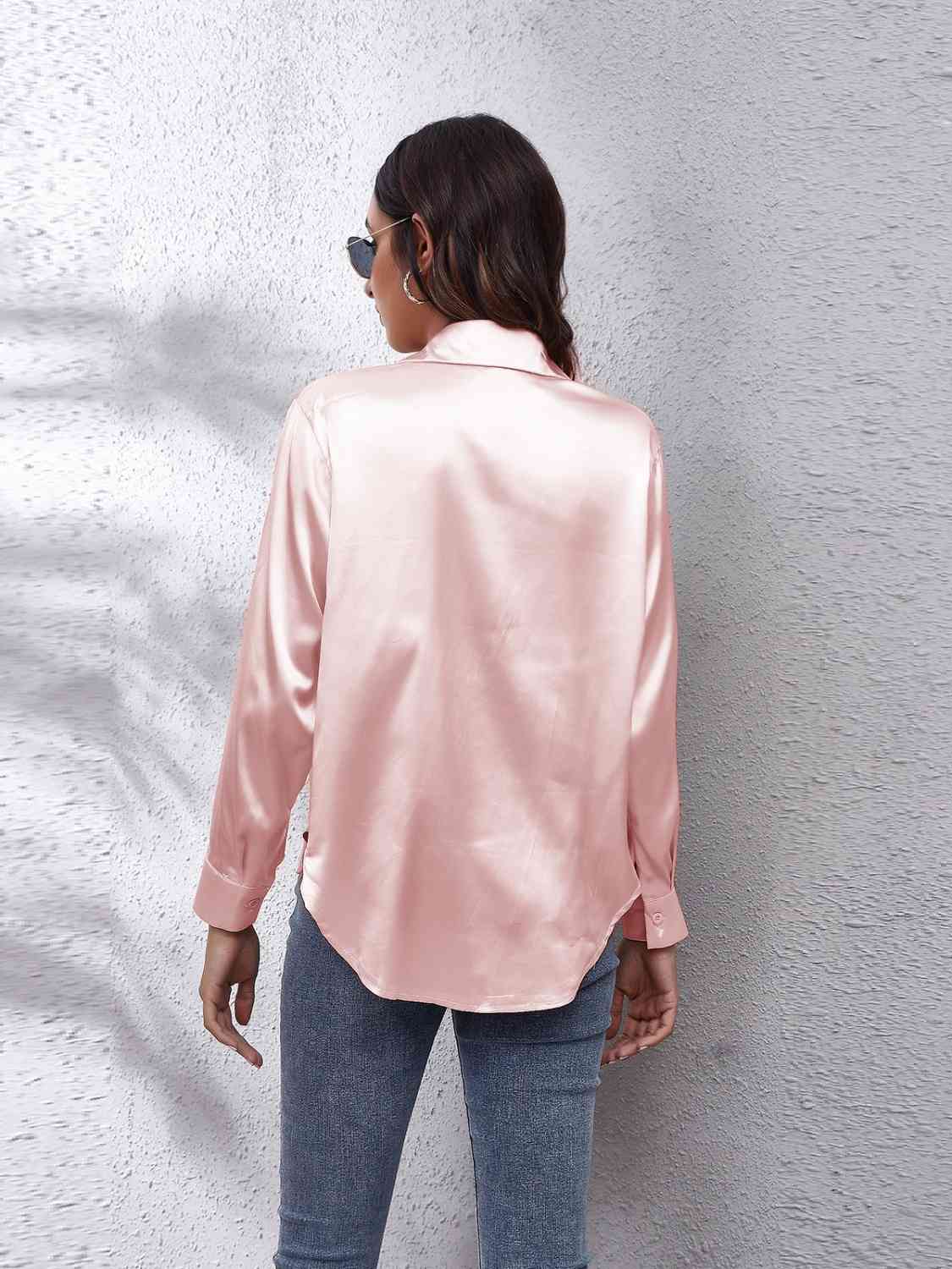 Collared Neck Buttoned Long Sleeve Shirt BLUE ZONE PLANET